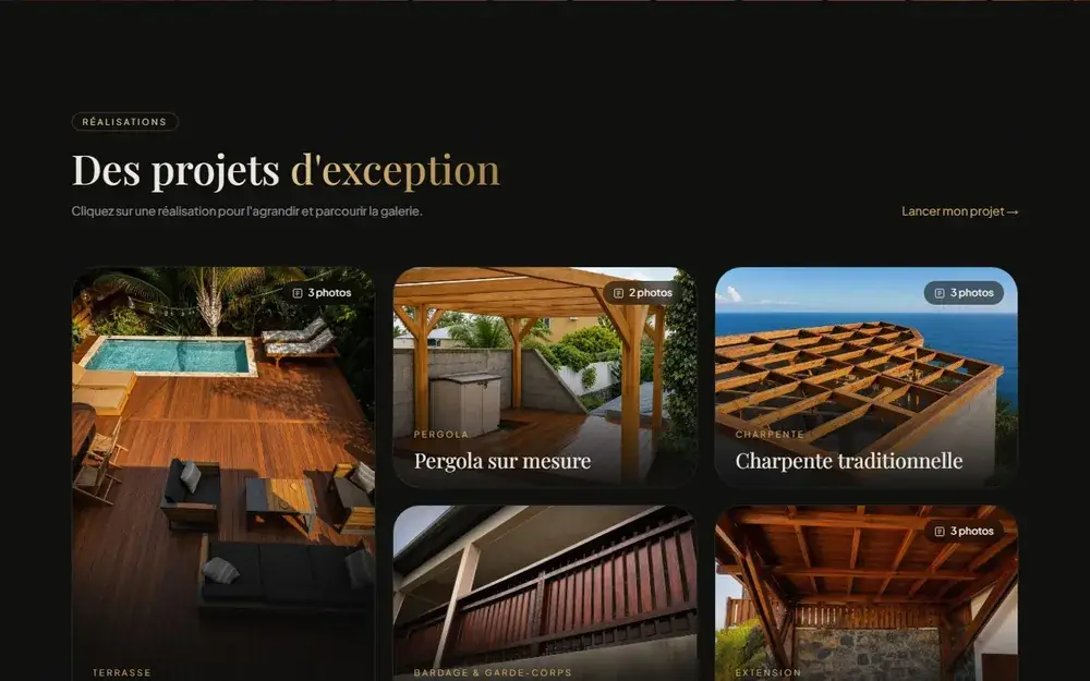 Galerie des réalisations du site JB Ouvrages Bois, organisée par catégorie