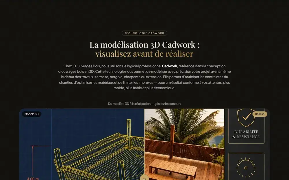 Curseur avant/après entre modélisation 3D Cadwork et réalisation finale sur le site JB Ouvrages Bois